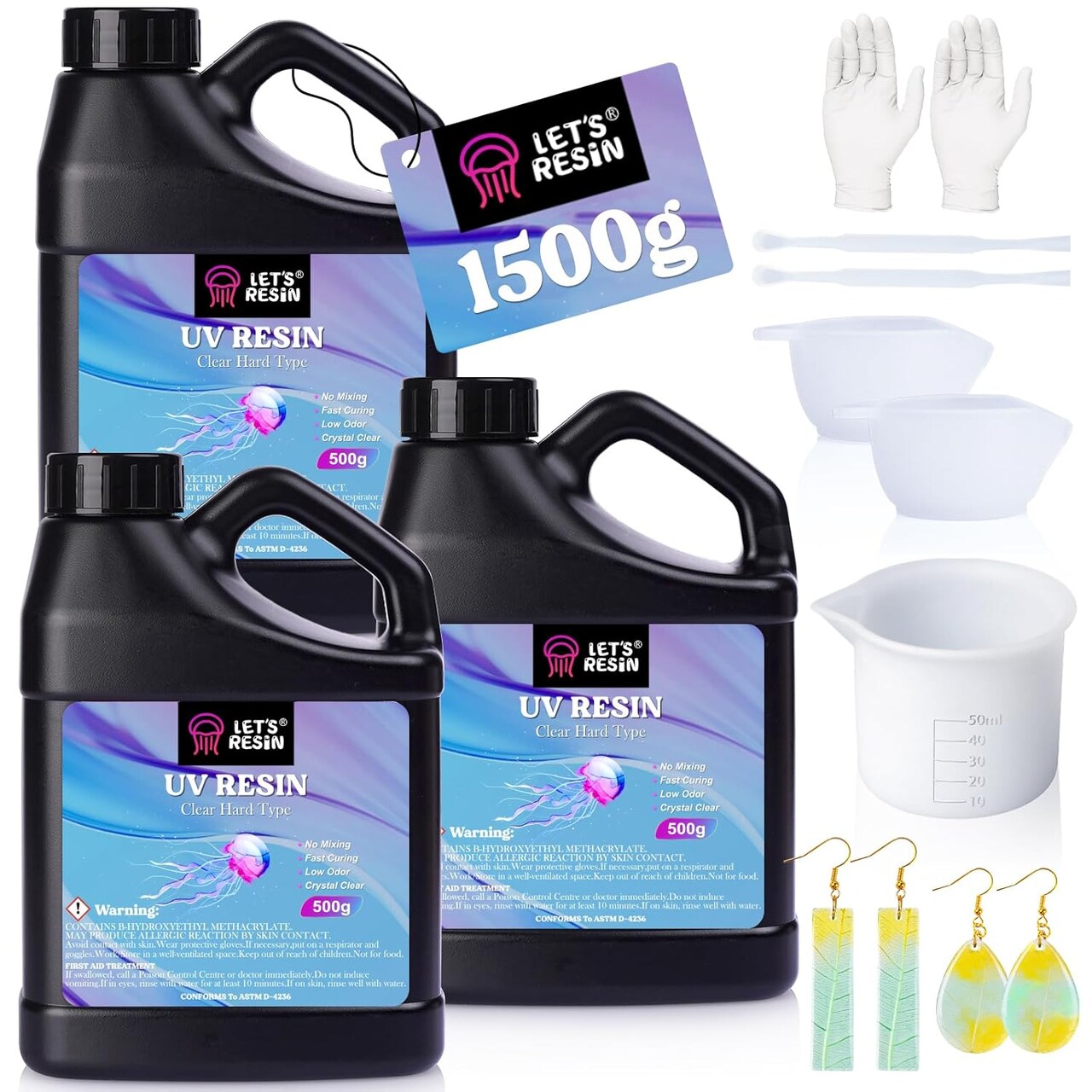 LET'S RESIN UV Resin, Upgraded 1500g Ultraviolet Epoxy Resin Clear, Odorless & Low Shrinkage UV Resin Hard with Silicone Measuring Cups, UV Resin Kit for Jewelry, UV Resin Molds, Craft Decoration